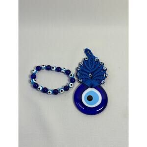 Evil Eye Glass Lot Stretch Bracelet and Mini Macrame Hanging Ornament